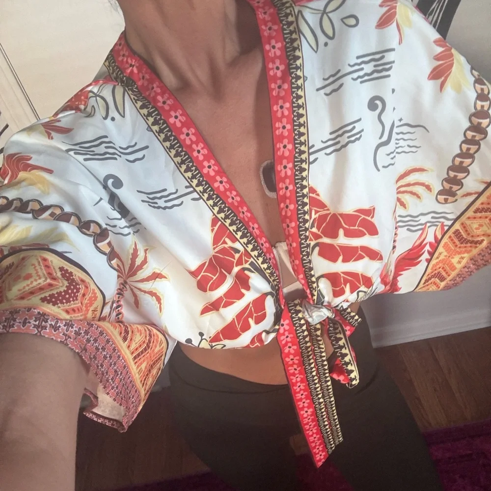 Floral Kimono Sleeve Tie-Front Top - Picture 2 of 2